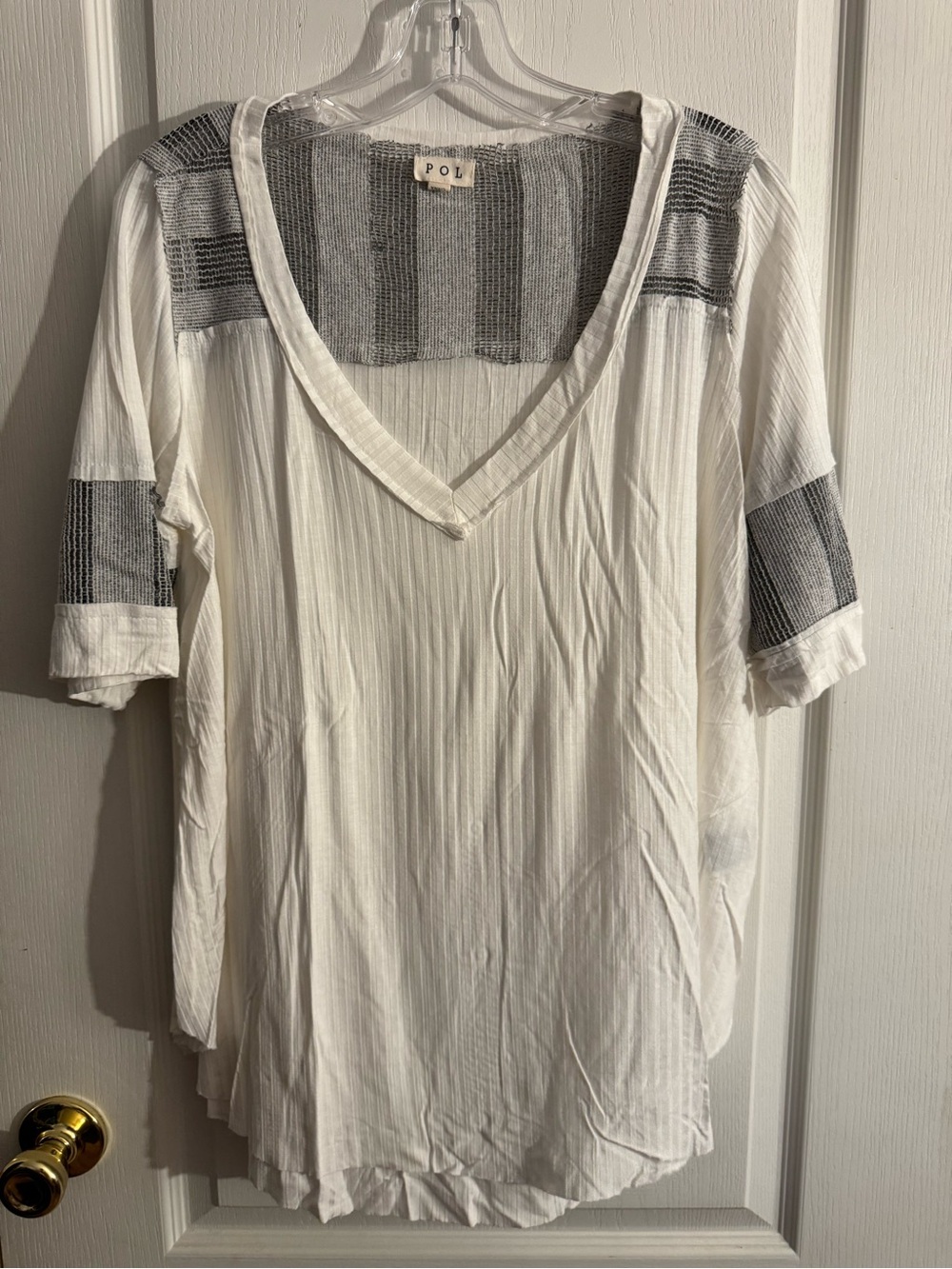 POL White V-Neck Tunic with Gray Knit Stripes